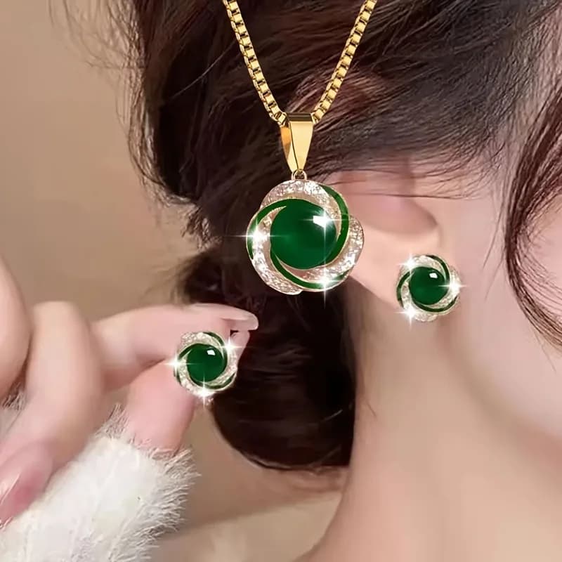 Classic Green Gem Pearl Set - Jewelry Sets