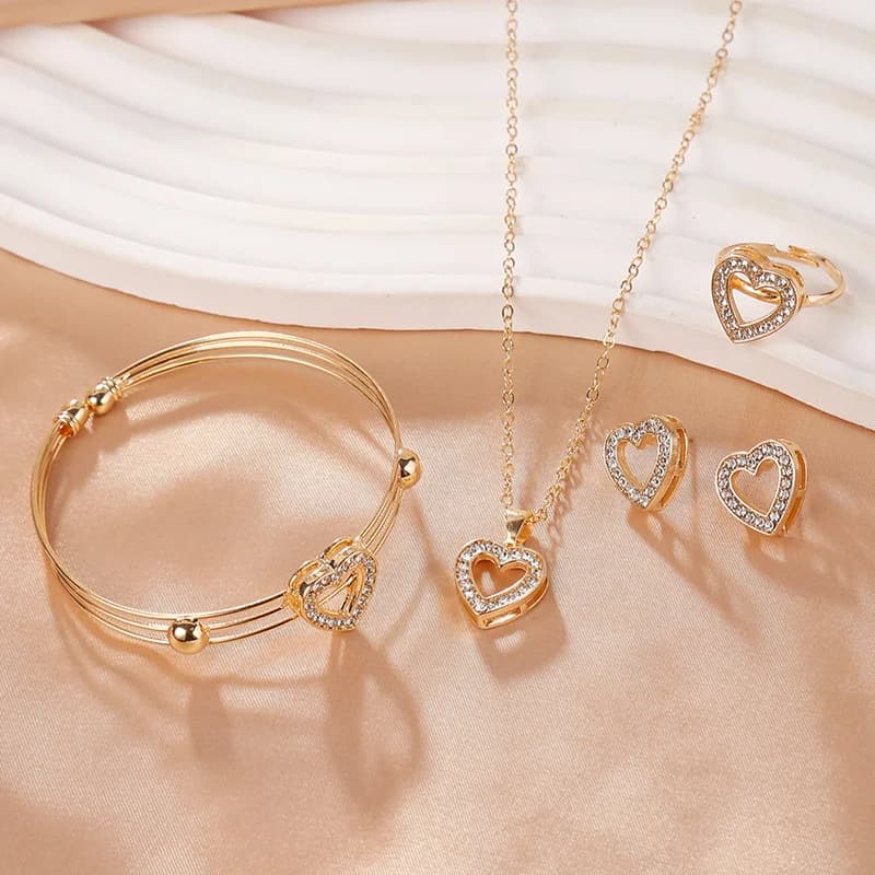 Double Heart Bangle Set (Gold) - Jewelry Sets
