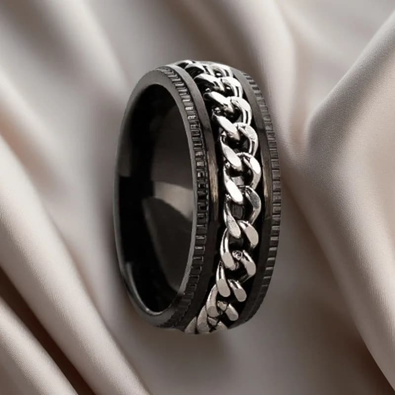 Men's Black Spinner Ring w/ Silver Chain - Rings