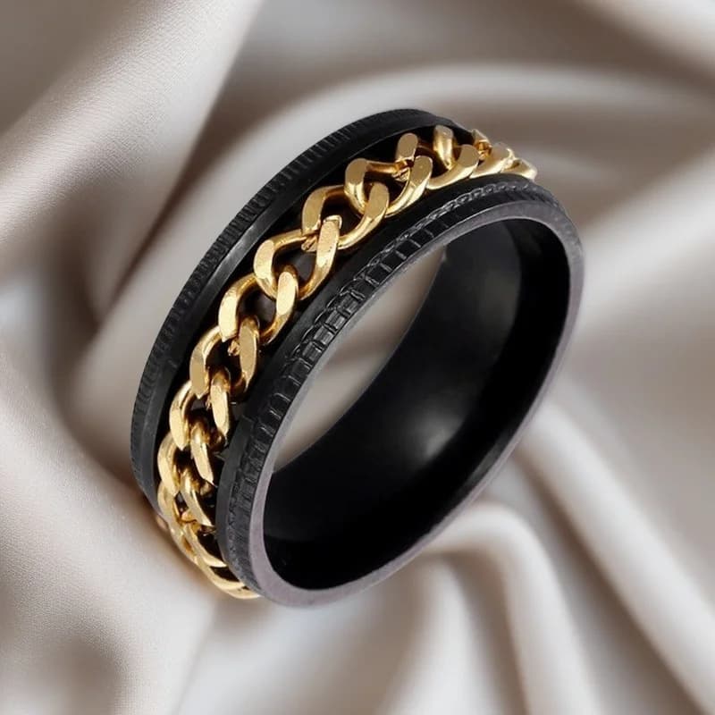 Men's Black Spinner Ring w/ Gold Chain - Rings